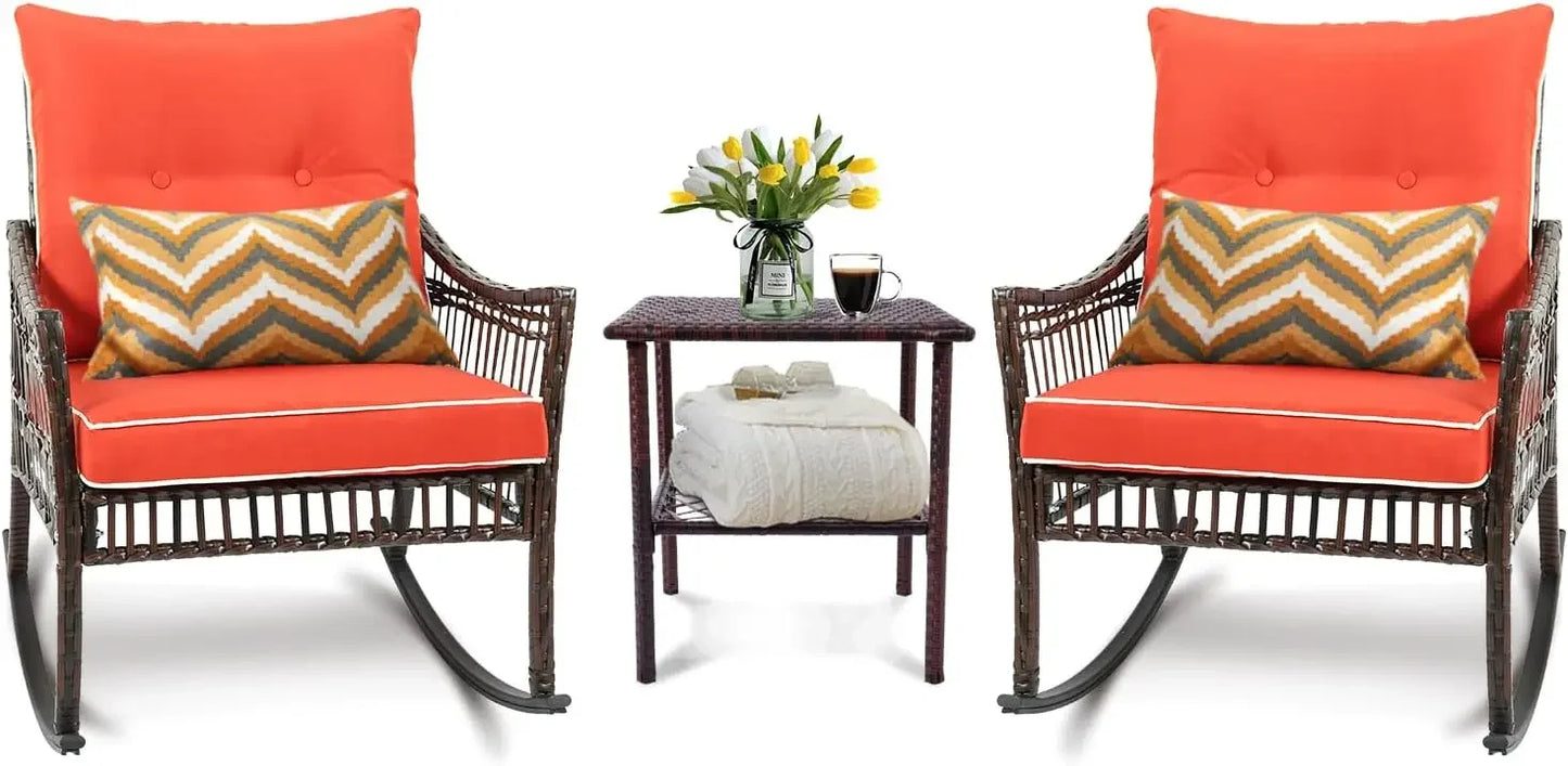 Furniture Set, Outdoor Rocking Chairs Set of 2, Patio Conversation Set with 2 Wicker Chairs with Coffee Table and