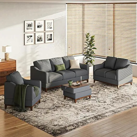 Sectional Sofa Couch Set with Coffee Table-Living Room Sofa Set with 3-Seater Couch, Loveseat Sofa and Armchair, Modern Versatil