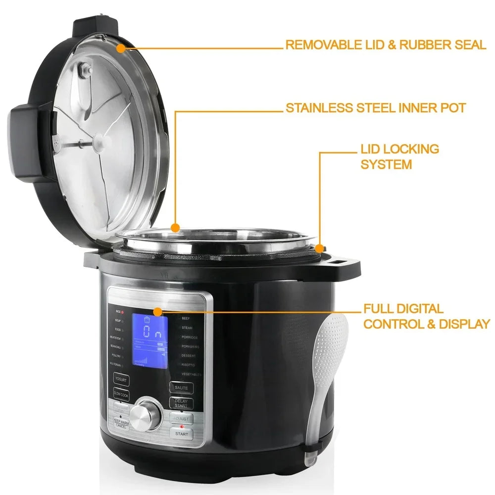 Digital Pressure Cooker 6Qt 14 Preset Functions One Touch Display Safe Easy Pressure Release Handle