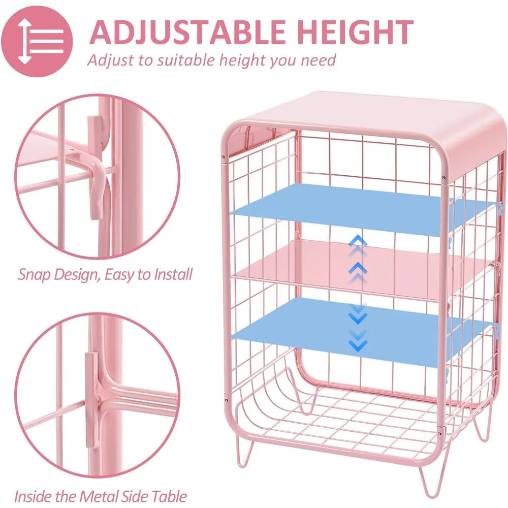Metal Side Table,Cute Pink Nightstand,3 Tier End Table with Storage