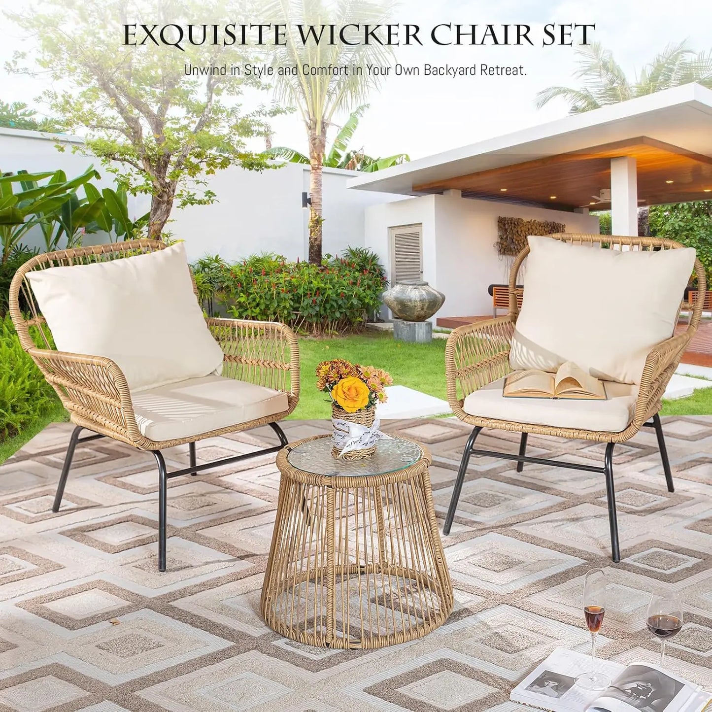 Furniture Outdoor Bistro Chair Set with Large Egg Chair and Round Tempered Glass Table, Great