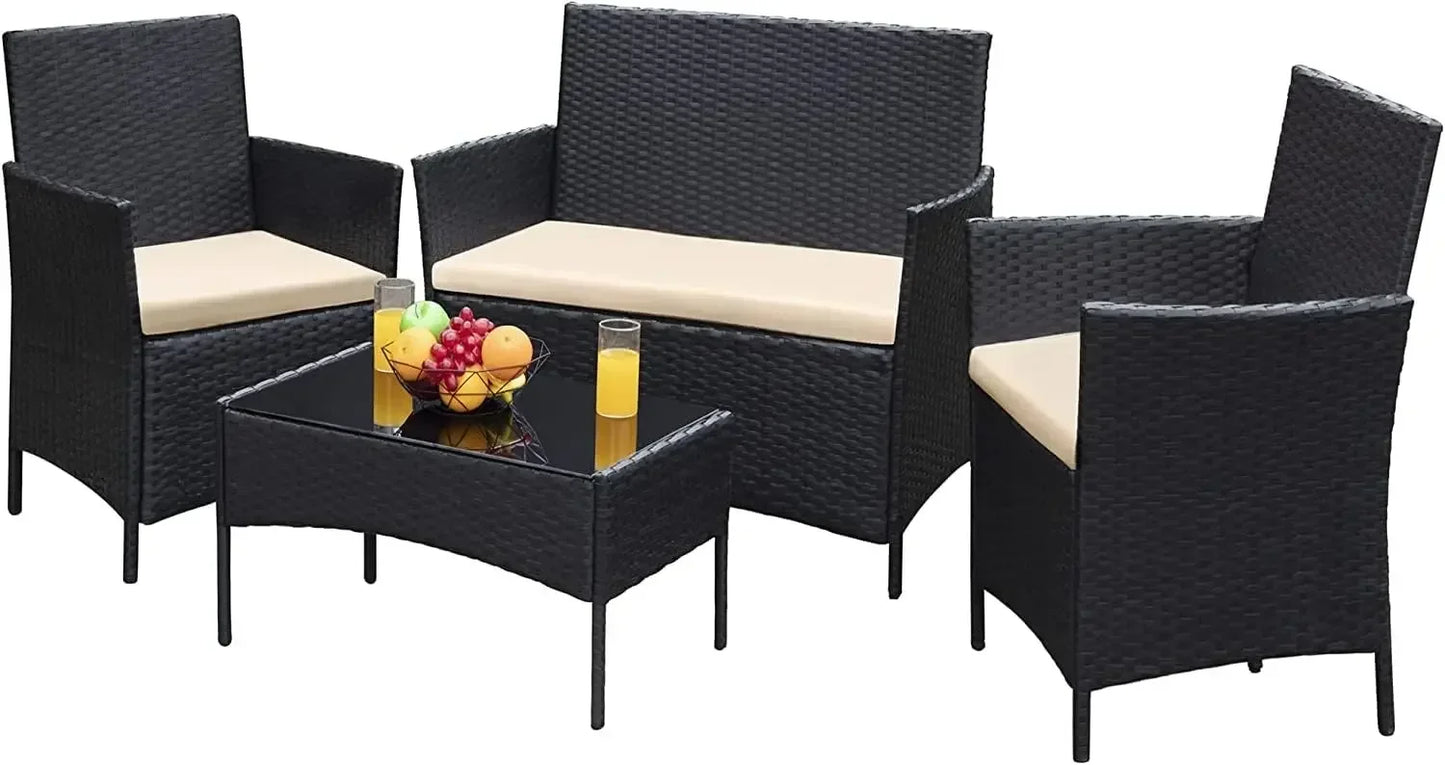 Outdoor Sofa Set of 4 with Soft Cushion and Glass Table, Patio Furniture