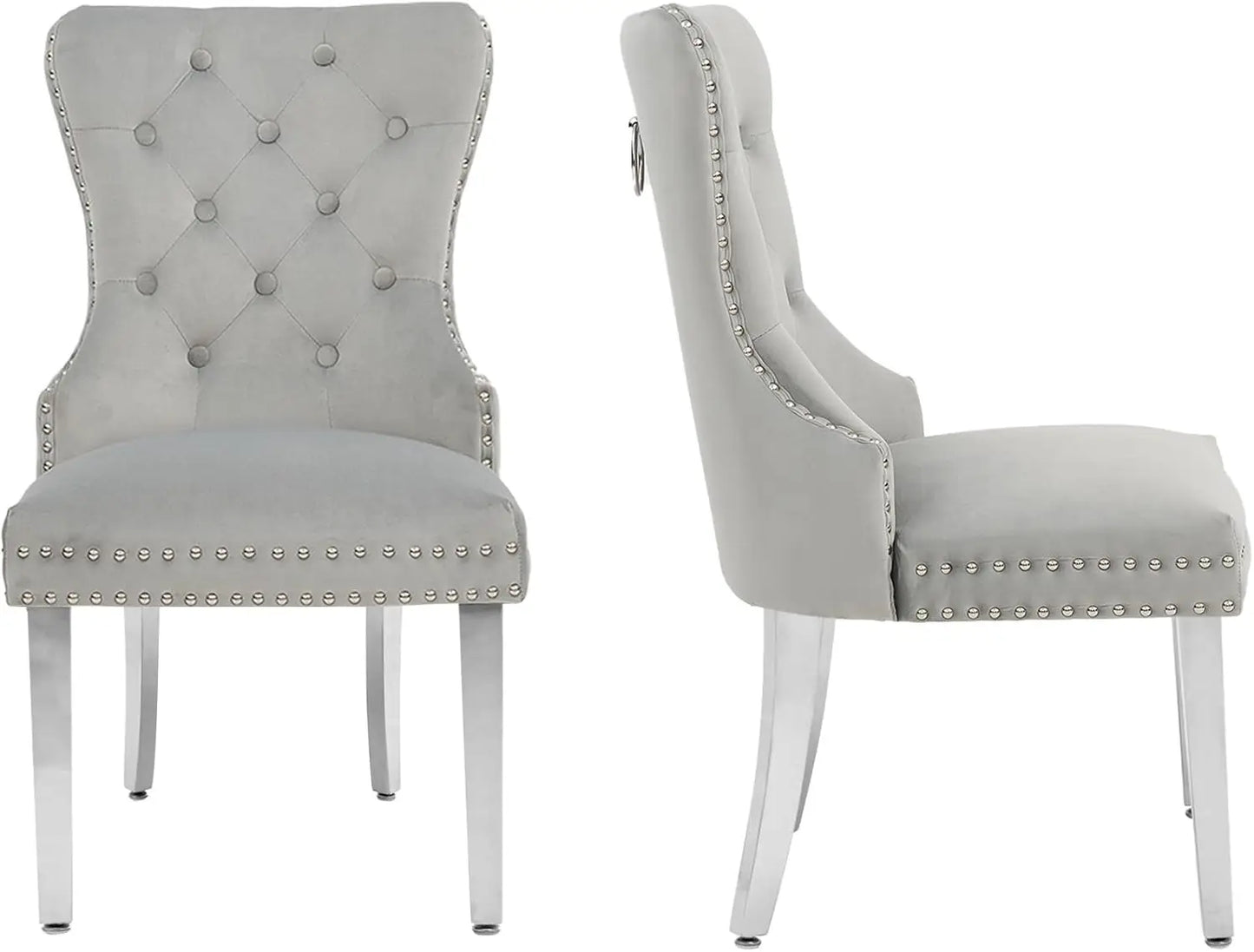 PU Leather Dining Chairs Set of 4, Tufted Upholstered Dining Room Chair with Solid Wood Legs and Pull Ring, Black