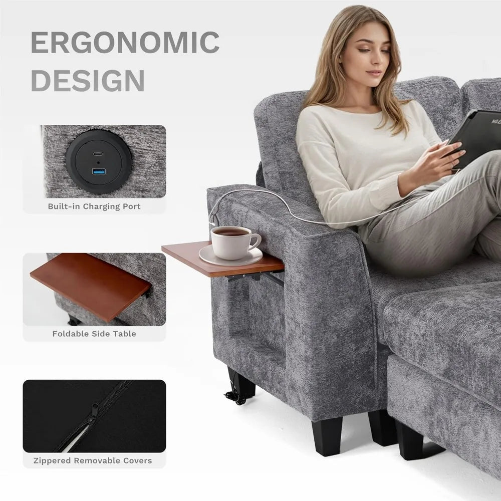 118" U Shaped Sectional Couches,4 Seat Modular Sofa with 2 Ottoman and Foldable Side Table for Living Room,Grey
