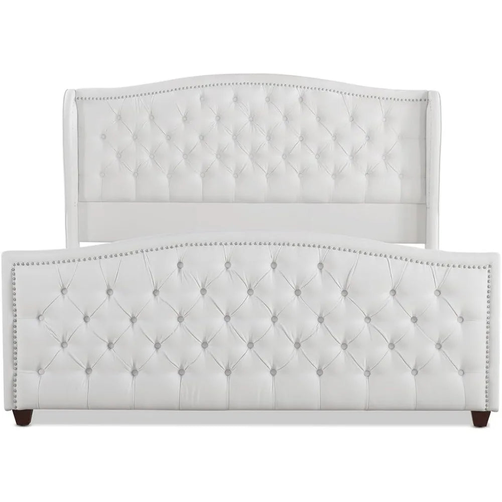 Marcella Upholstered Shelter Headboard Bed Set, King, Bright White Polyester
