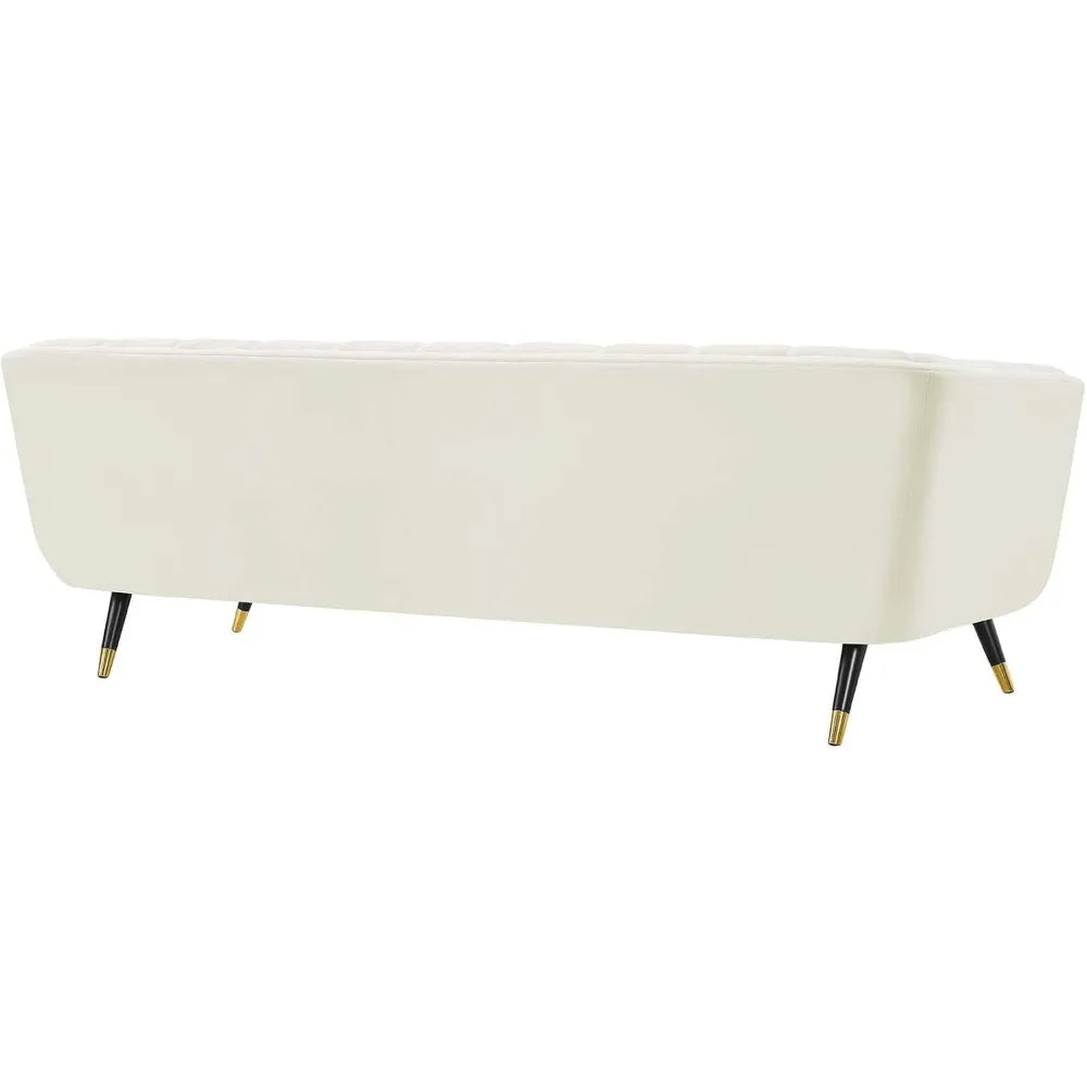 Adept Contemporary Mid-Century Modern Performance Velvet Upholstered Tufted Sofa in Ivory