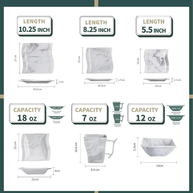 Porcelain Dinnerware Sets, Modern Square Dinner Set Plates and Bowls for Dessert, Salad and Pasta,
