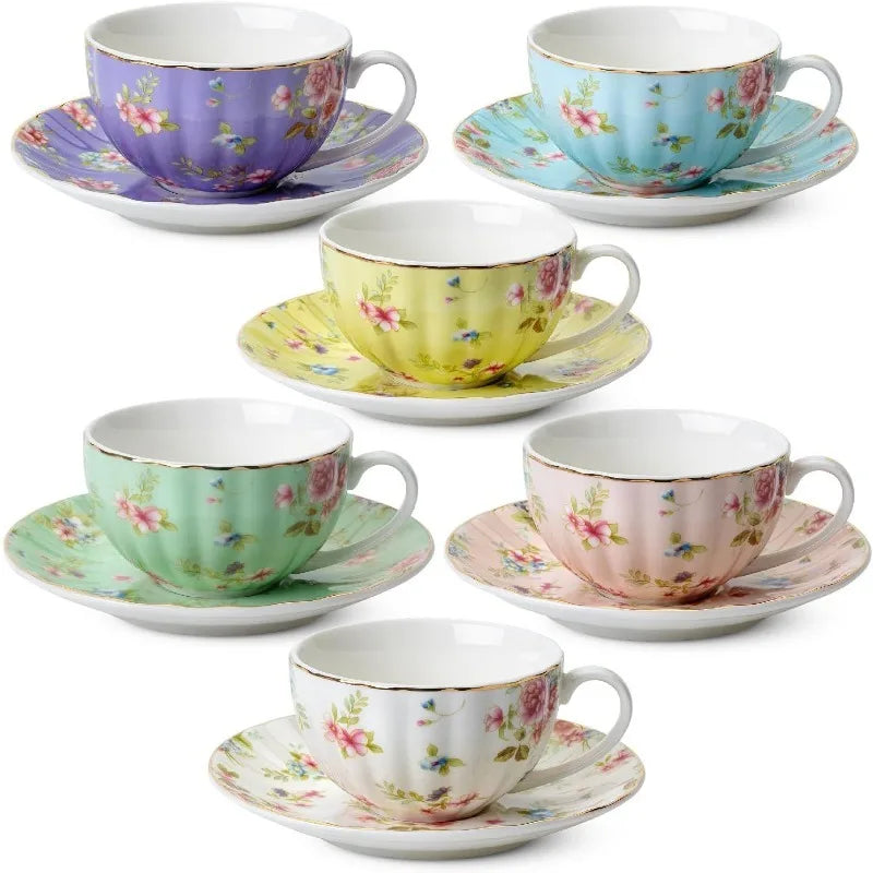 BTaT- Floral Tea Cups and Saucers, 7 oz, Tea Cups Set of 6, Porcelain Tea Cups, Cup & Saucer Sets, Cup Set of 6