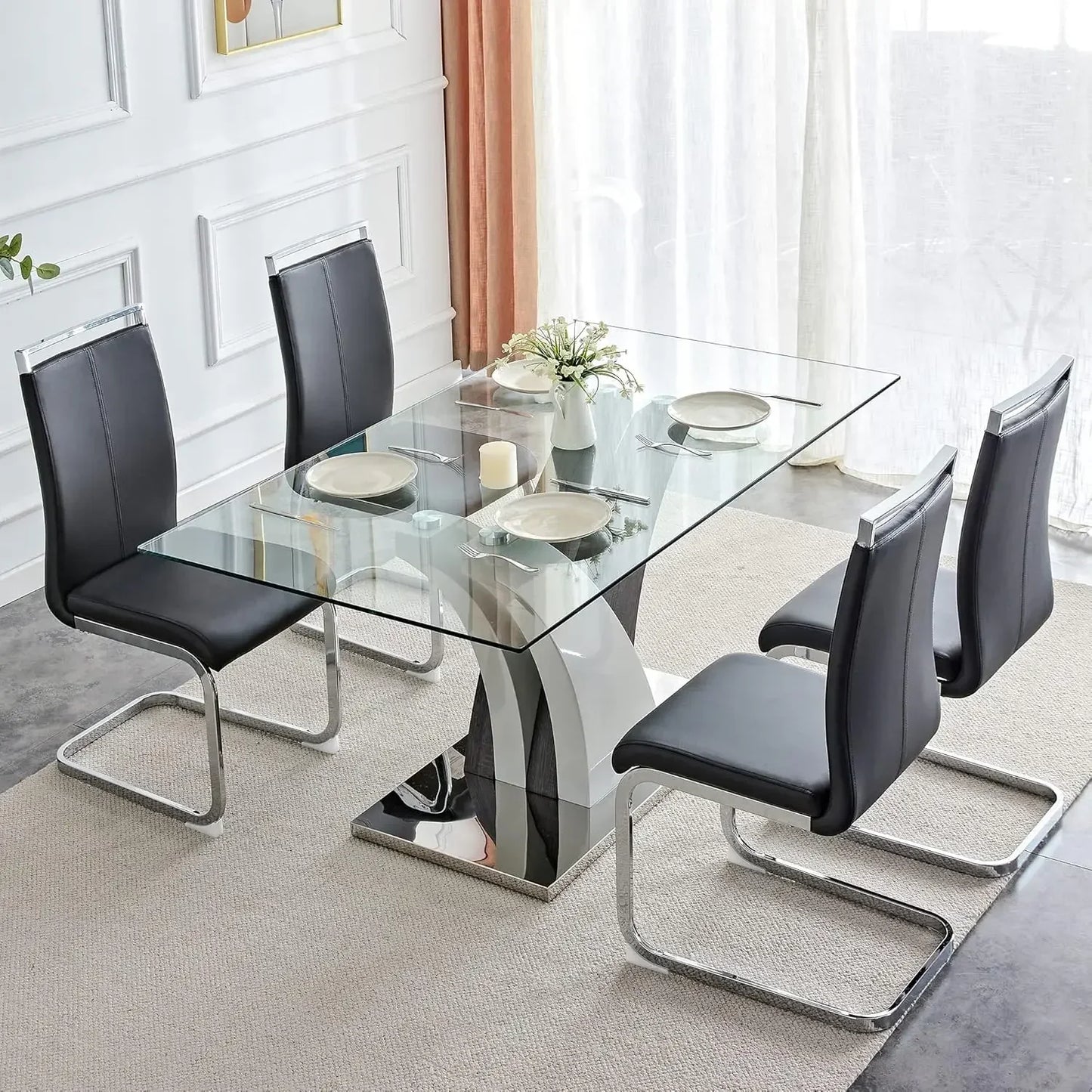 Dining Table and Chairs, 63 Inch, Modern Dining Table with 4 Leather Chairs,