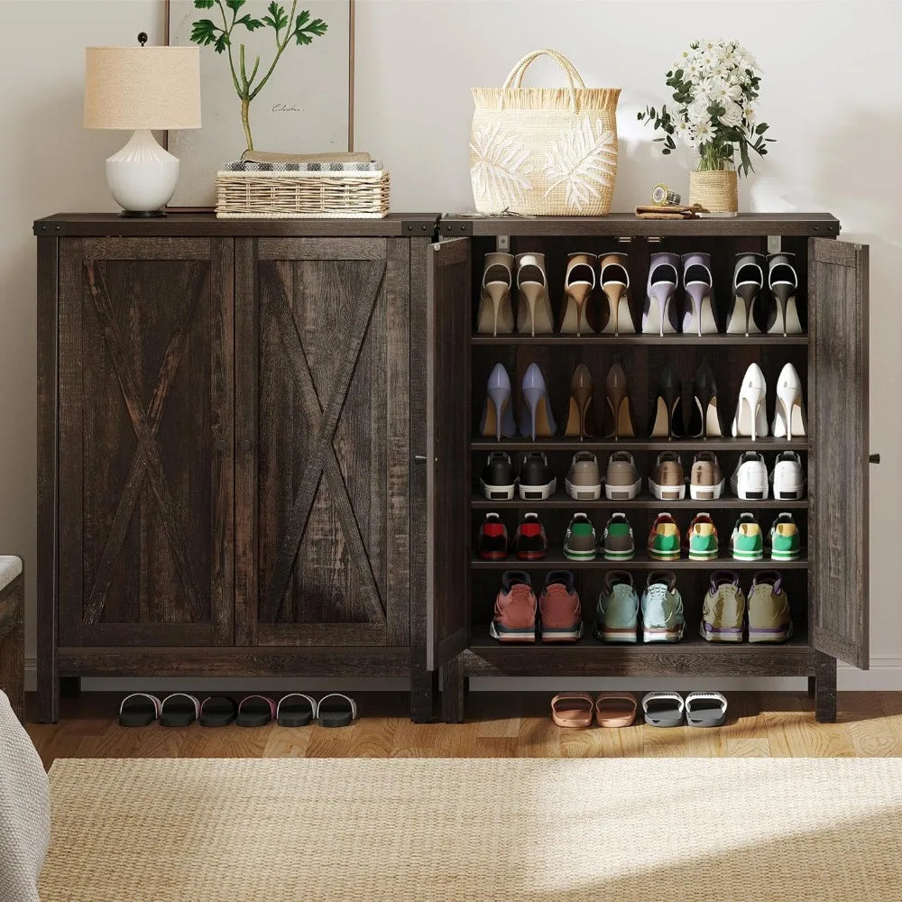 Shoe Cabinet With Doors Furniture Dark Rustic Oak Farmhouse 5-Tier Shoe Storage