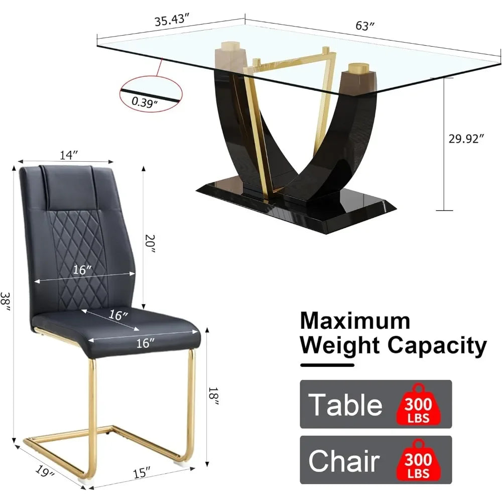Dining Room Sets, Glass Table Set for 4, Top Thick 0.39",5 Piece with 4 Pcs Leather Dining Chairs, Dining Room Sets