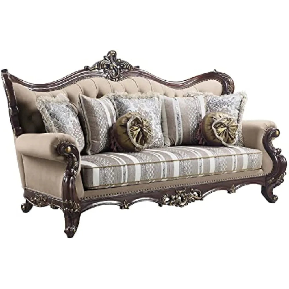 Upholstered Sofa ,Sofa With 7 Pillows In Light Brown Fabric And Cherry