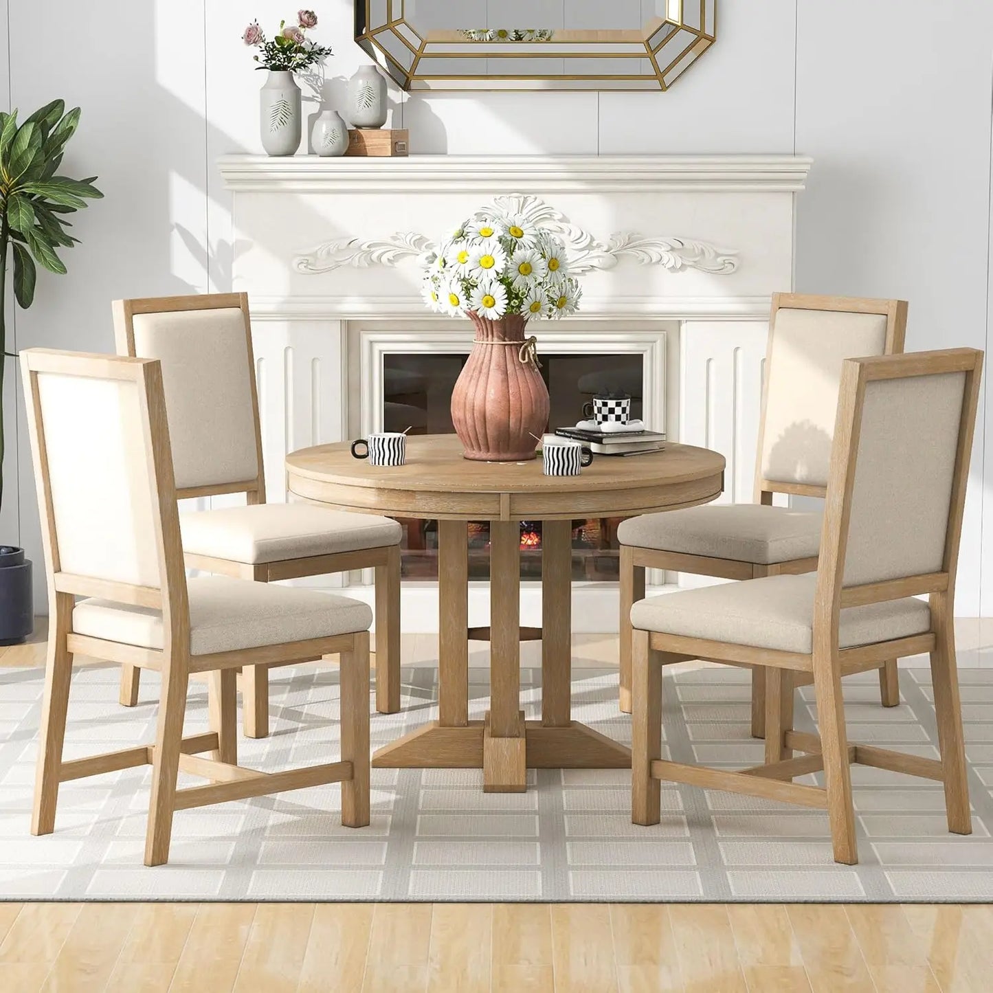 Table and 4 Upholstered Chairs for Kitchen, Living Room, Natural Wood