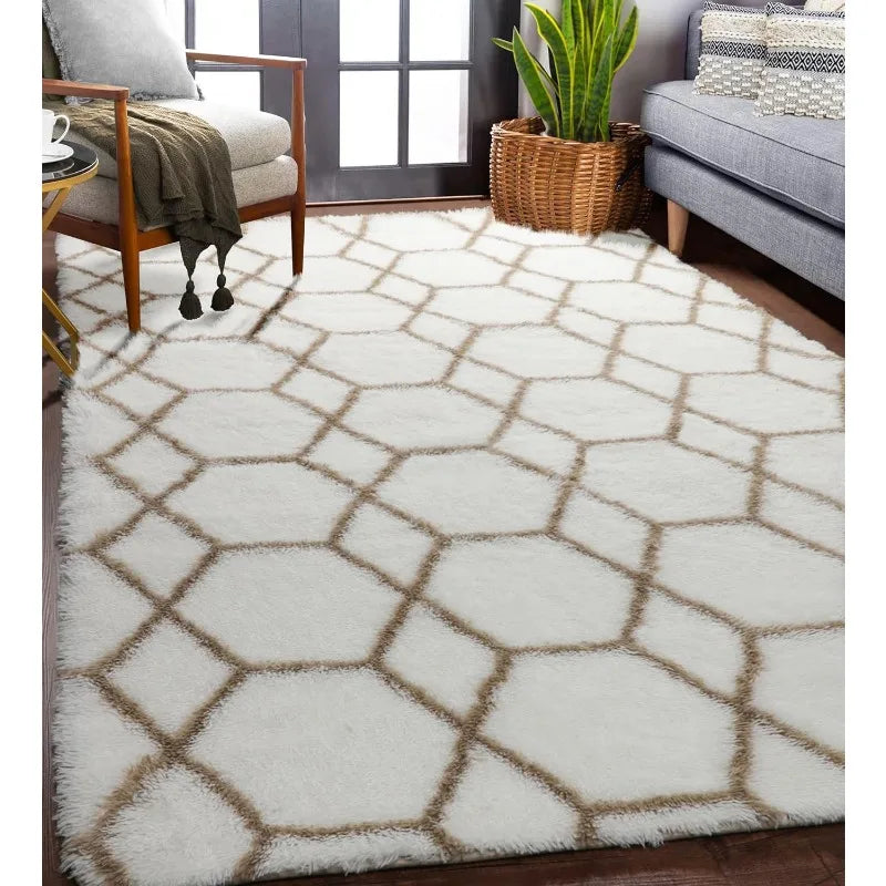 Geometric Area Rug 5x8, Rugs for Living Room Bedroom, Modern Shag Fluffy Floor Rugs for Kids Room Decor, Extra Soft