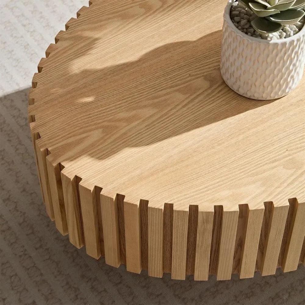 'Oval Drum Coffee Table for Living Room, Handcrafted Relief, Sturdy Pedestal, Wooden Olive-Shaped Tea Table