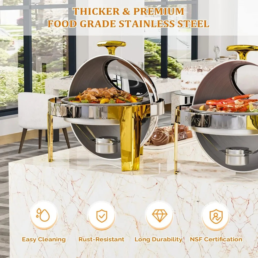 Chafing Dish Buffet Set Gold Accent,6 Quart Round Stainless Steel Chafer, Buffet Servers and Warmers