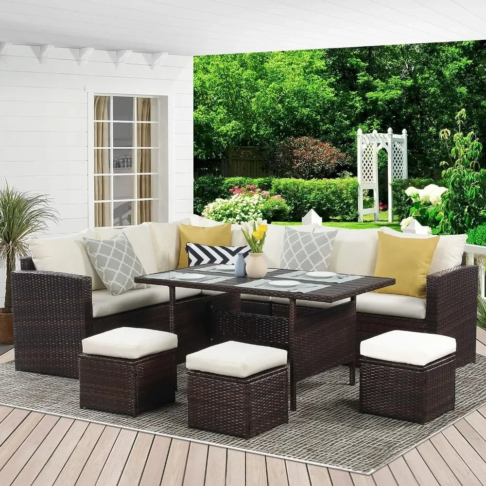 Terrace Furniture Set, 7-piece Outdoor Combination Sofa with Dining Table and Chairs, All-weather Willow Reception Set