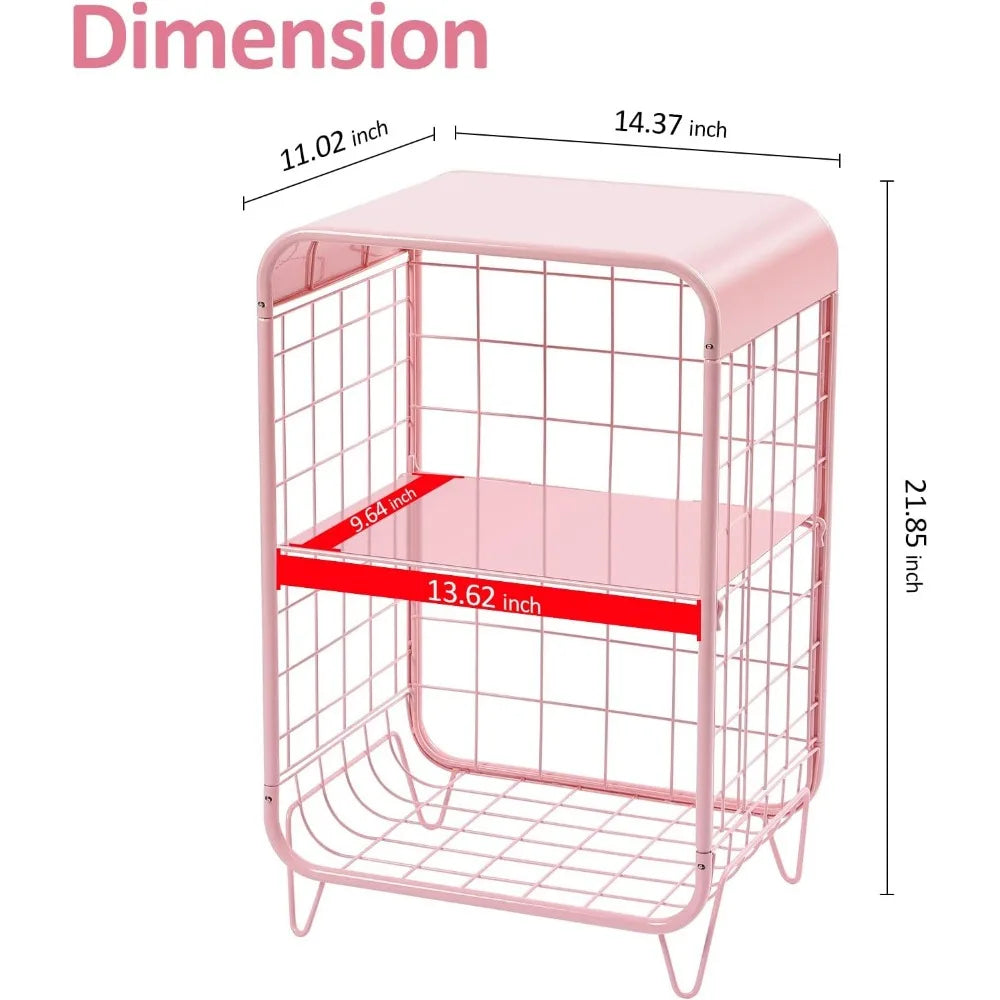 Metal Side Table,Cute Pink Nightstand,3 Tier End Table with Storage
