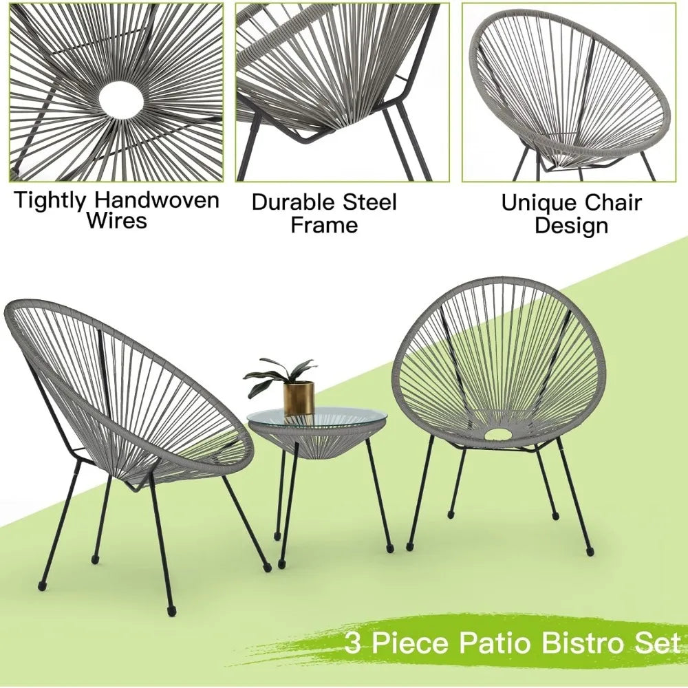 Wicker Bar Set with Pillow and Glass Tabletop, Outdoor Rattan Reception Set, Terrace Chair, All-weather, 3-Piece
