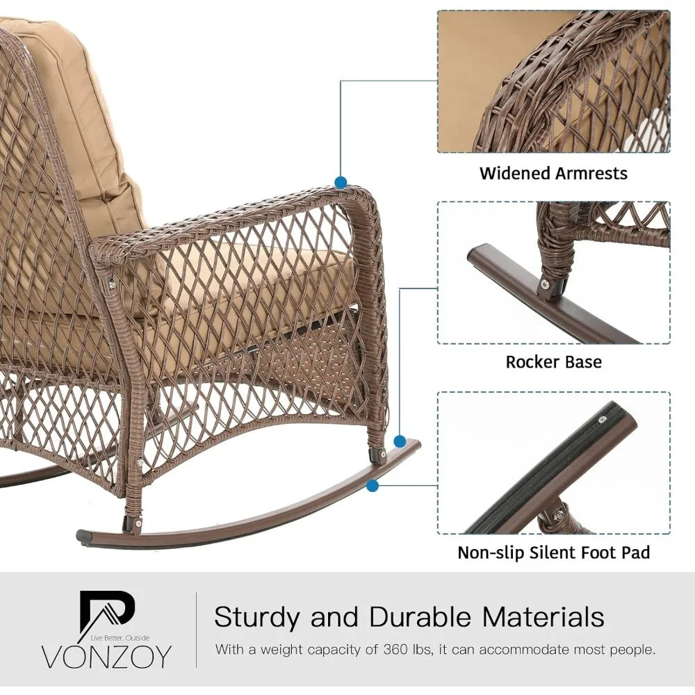 Wicker Rocking Bistro Set with Thick Cushions, Outdoor Rocker Chairs and Coffee Table