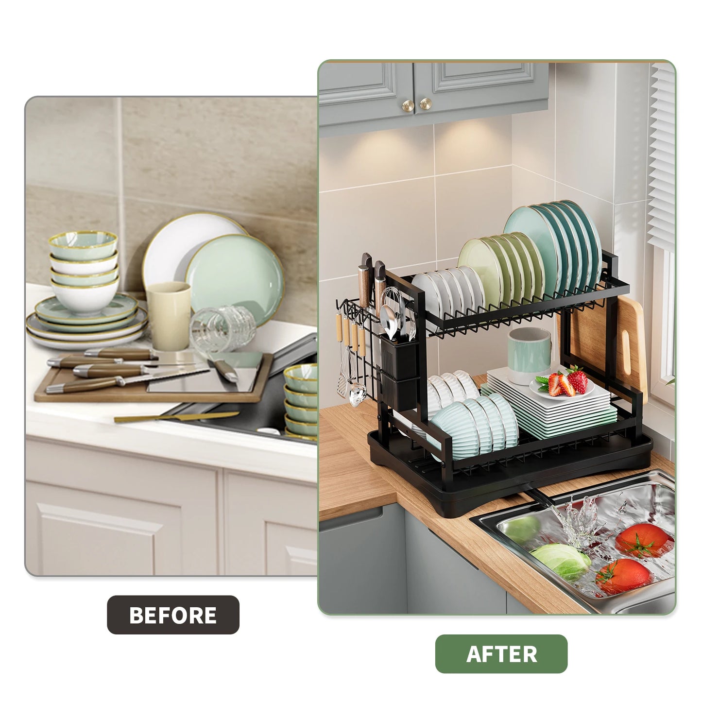 Dish Drying Rack, Space-Saving 2-Tier Dish Drying Rack