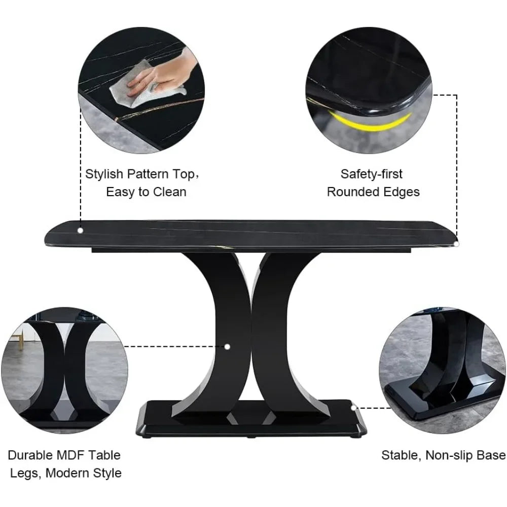 Dining Table Set, Marble Kitchen Tables Chair Set for 6, Tables with 6 Pu Leather Upholstered Chairs, Dining Table Set