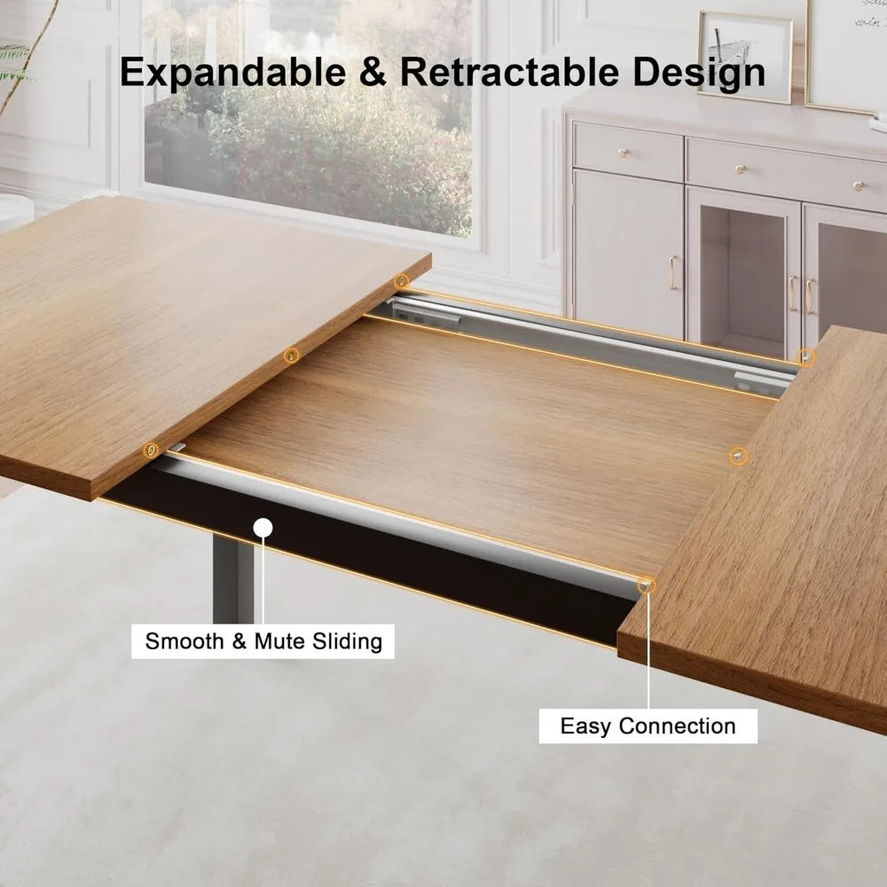 7-Piece Dining Room Table Set with 6 Chairs, 63" Extendable Dining Table & Chairs Set for 4-6, MDF Board & Metal Frame, Dinette