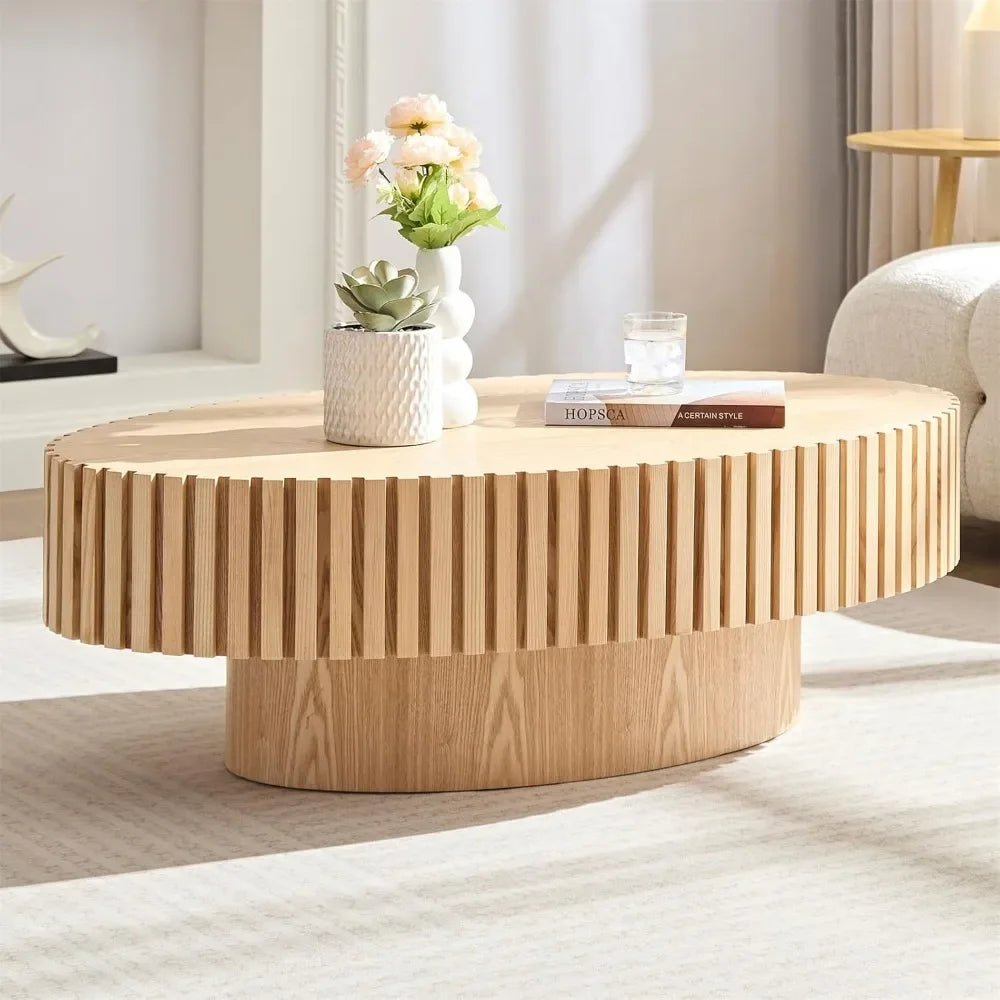 'Oval Drum Coffee Table for Living Room, Handcrafted Relief, Sturdy Pedestal, Wooden Olive-Shaped Tea Table