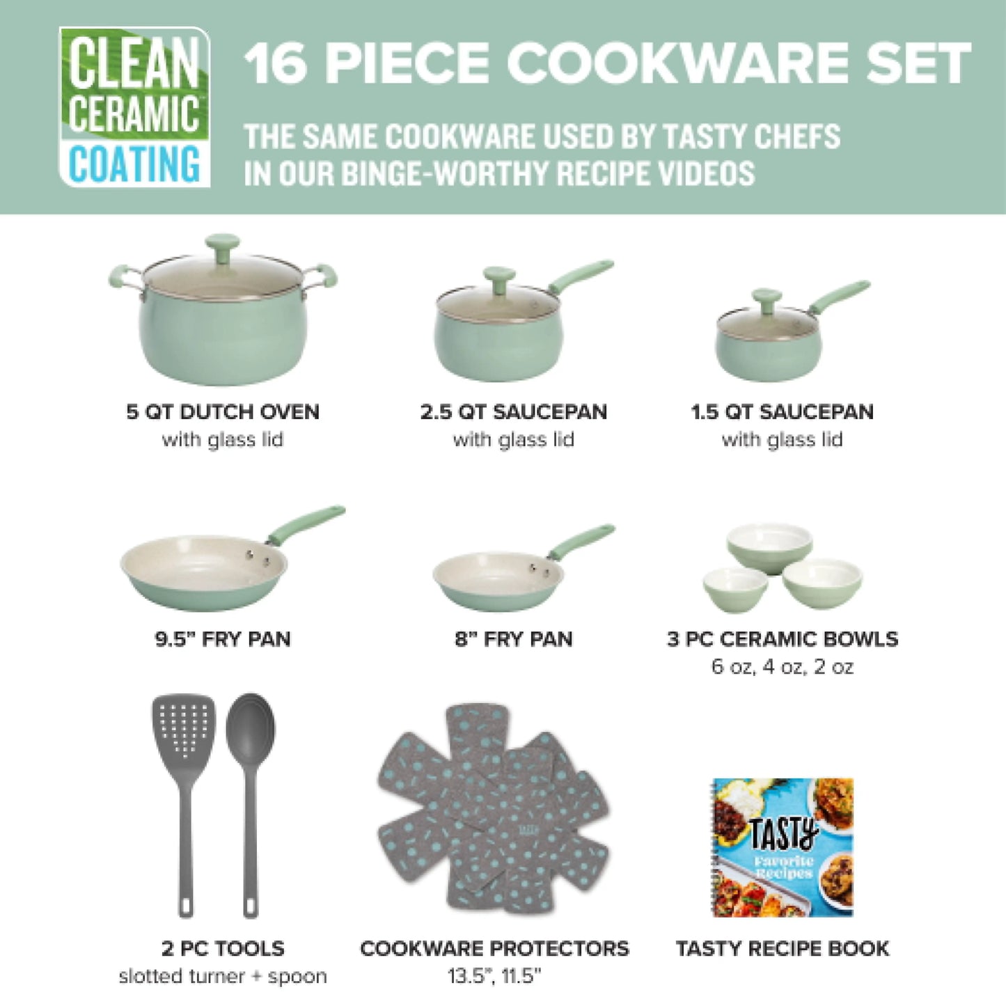 Clean Ceramic 16 Piece Non-Stick Aluminum Cookware Set, Sage Green, non stick cooking pot set