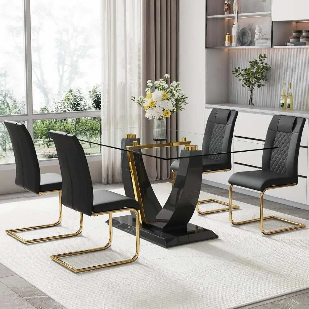 Dining Room Sets, Glass Table Set for 4, Top Thick 0.39",5 Piece with 4 Pcs Leather Dining Chairs, Dining Room Sets