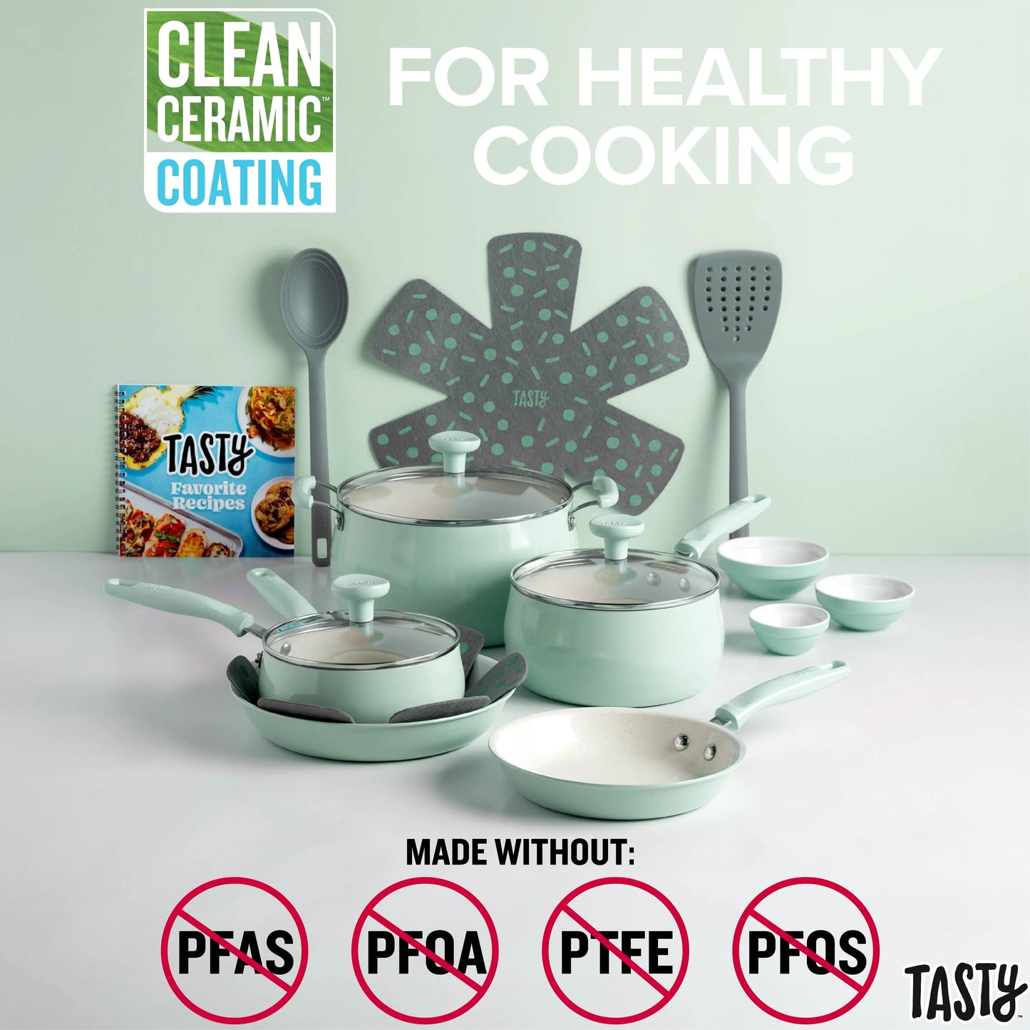 Clean Ceramic 16 Piece Non-Stick Aluminum Cookware Set, Sage Green, non stick cooking pot set