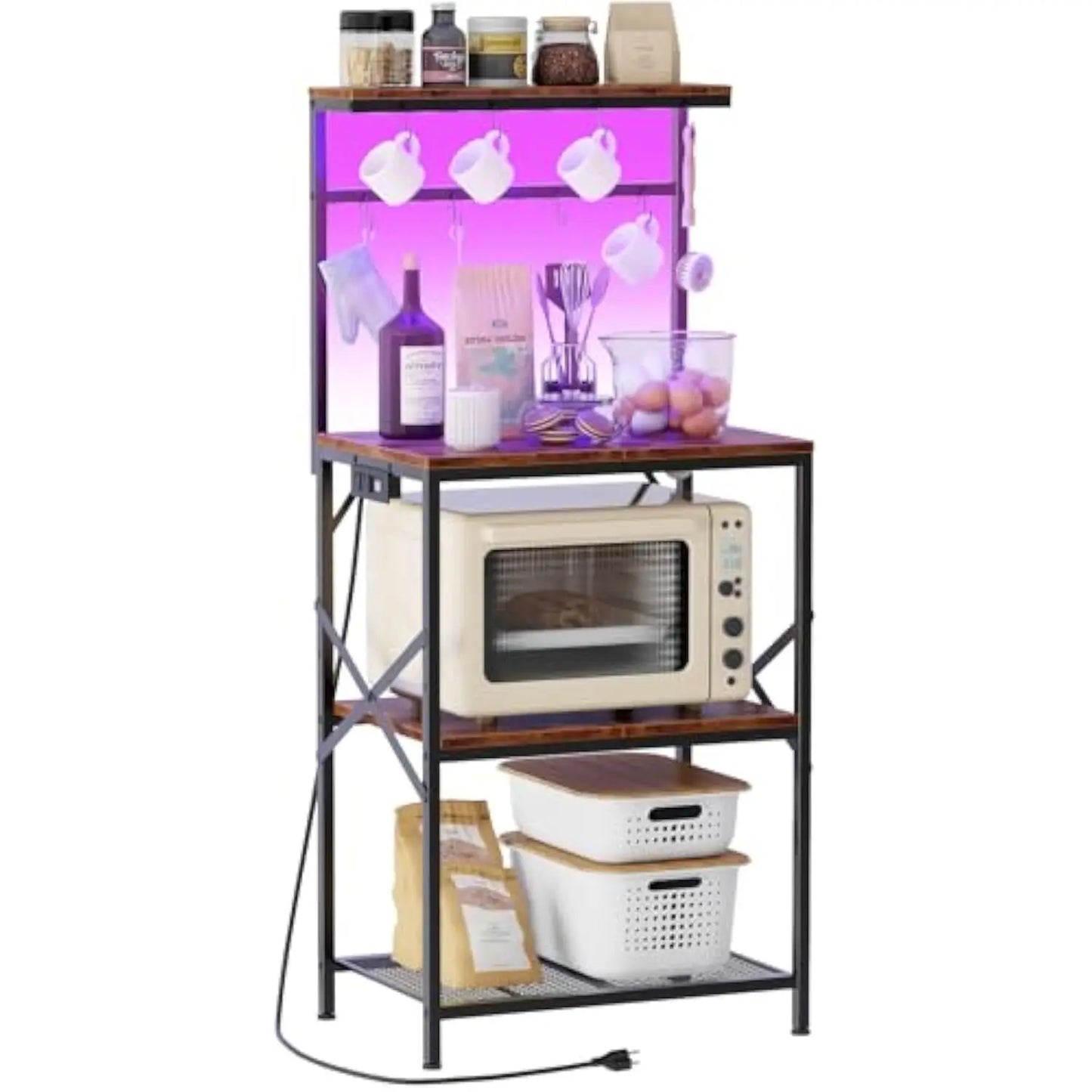 Kitchen Bakers Rack with Power Outlet & LED Lights 4 Tiers Microwave Stand with 8 Hooks Coffee Station