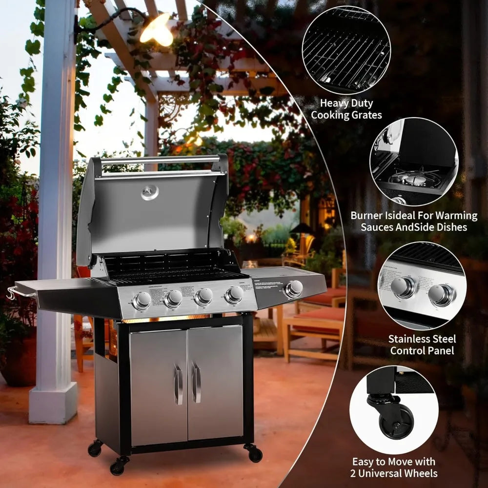 Gas Grill, BBQ 4-Burner Cabinet Style Grills Propane with Side Burner, Gas Grill