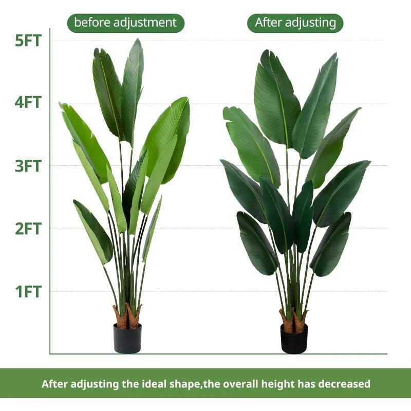 Artificial Bird of Paradise Plant 5 Ft Tall Fake Banana Leaf Plant for Indoors and Outdoors,Faux Palm Tree with Plastic Pot