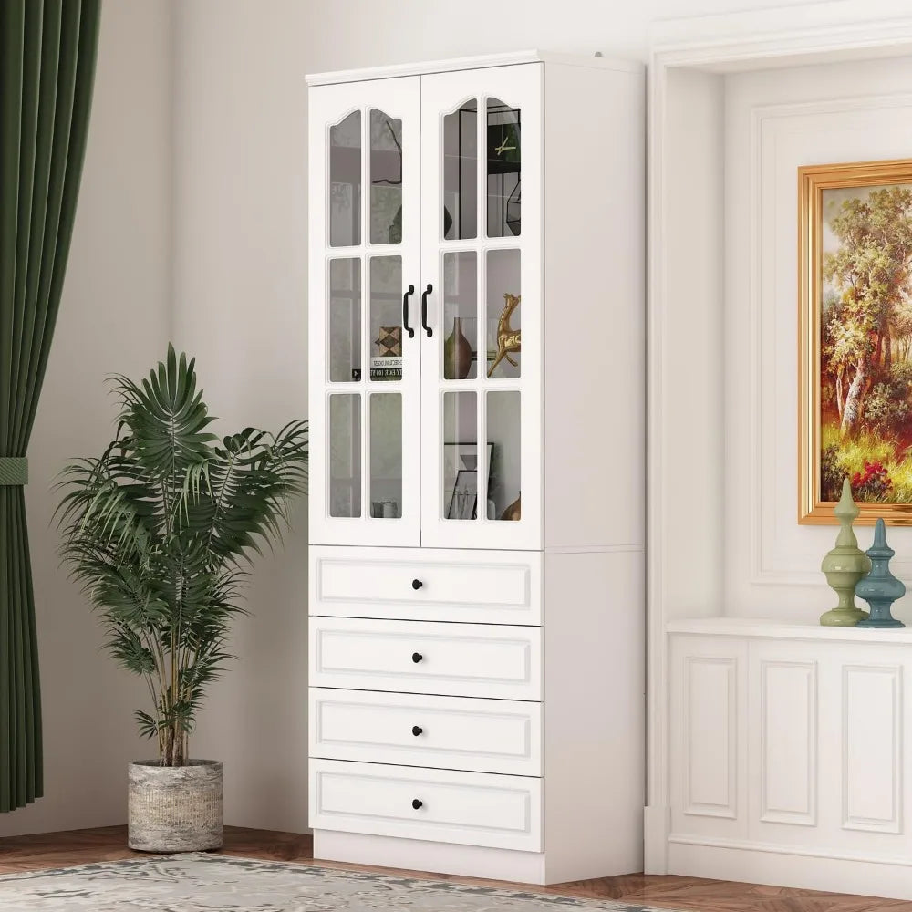 Tall Bookcase Bookshelf with 3-Tier Shelves & 2 Carved Glass Doors, Wooden Display Storage Cabinet with 4 Drawers for Home