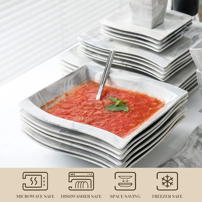 Porcelain Dinnerware Sets, Modern Square Dinner Set Plates and Bowls for Dessert, Salad and Pasta,
