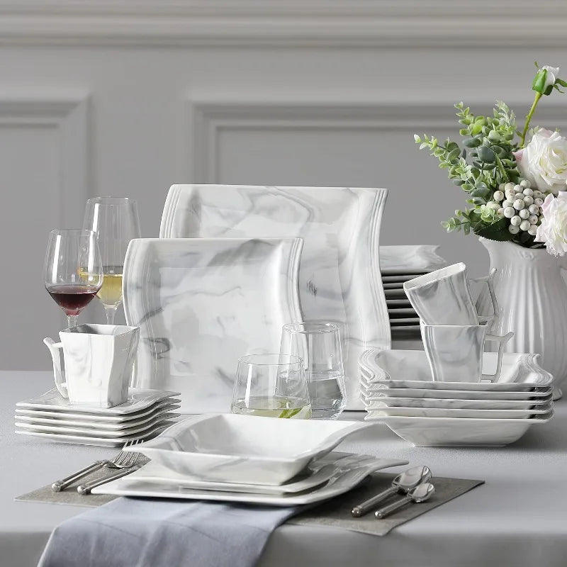 Porcelain Dinnerware Sets, Modern Square Dinner Set Plates and Bowls for Dessert, Salad and Pasta,
