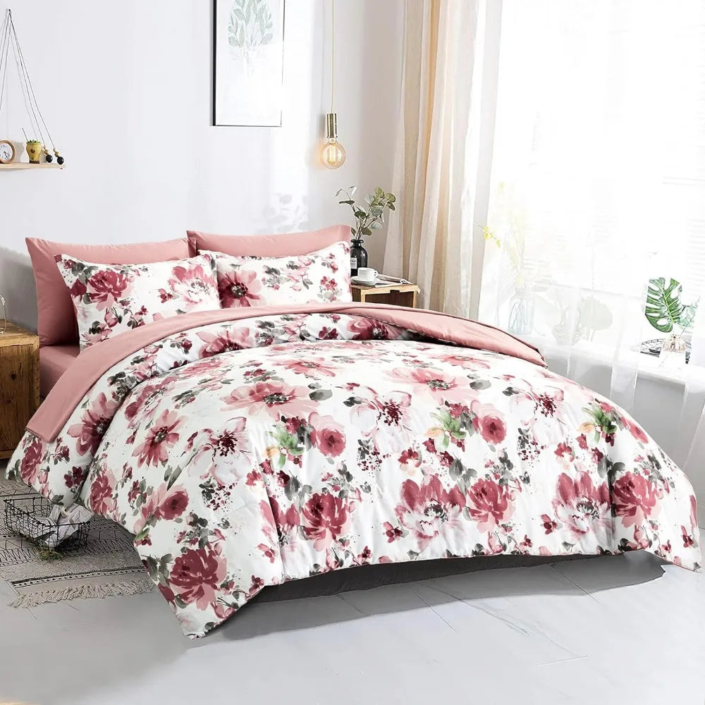 Pink 7 Pieces Bed in A Bag, Soft Microfiber Complete Bedding Set