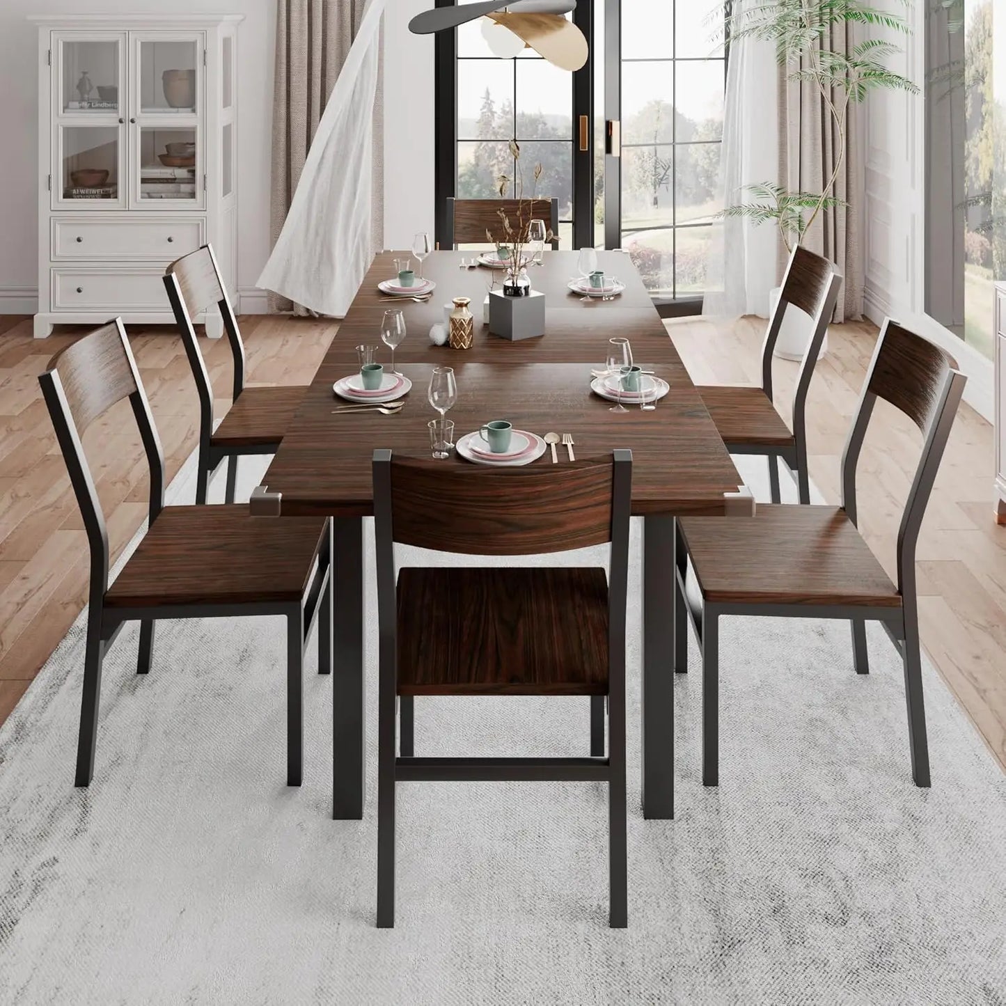 7-Piece Dining Room Table Set with 6 Chairs, 63" Extendable Dining Table & Chairs Set for 4-6, MDF Board & Metal Frame, Dinette