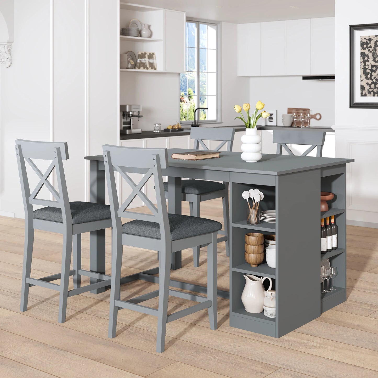 Wood Farmhouse Counter Height Dining Table Set with 3-Tier Storage Shelves,
