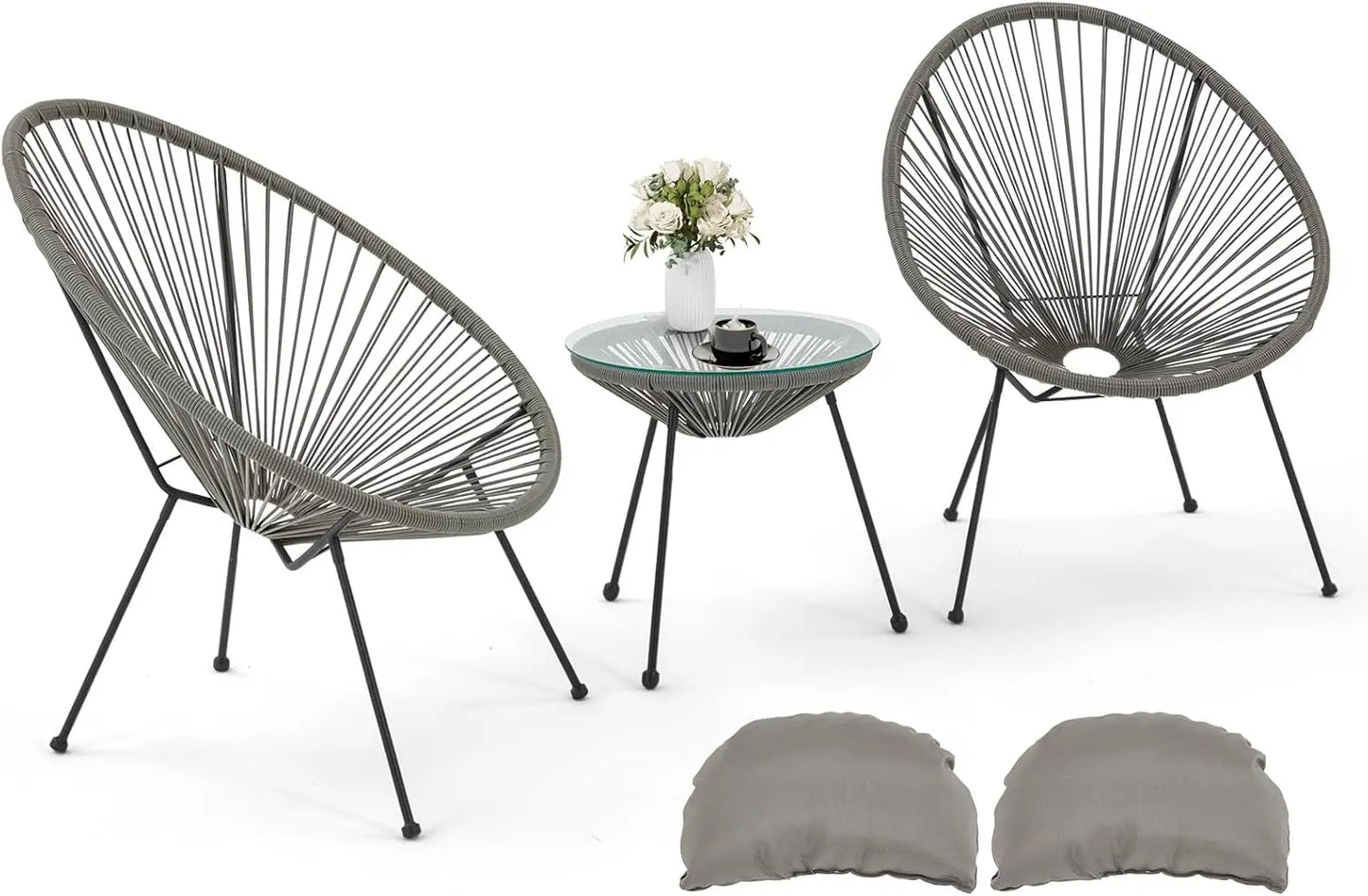 Wicker Bar Set with Pillow and Glass Tabletop, Outdoor Rattan Reception Set, Terrace Chair, All-weather, 3-Piece