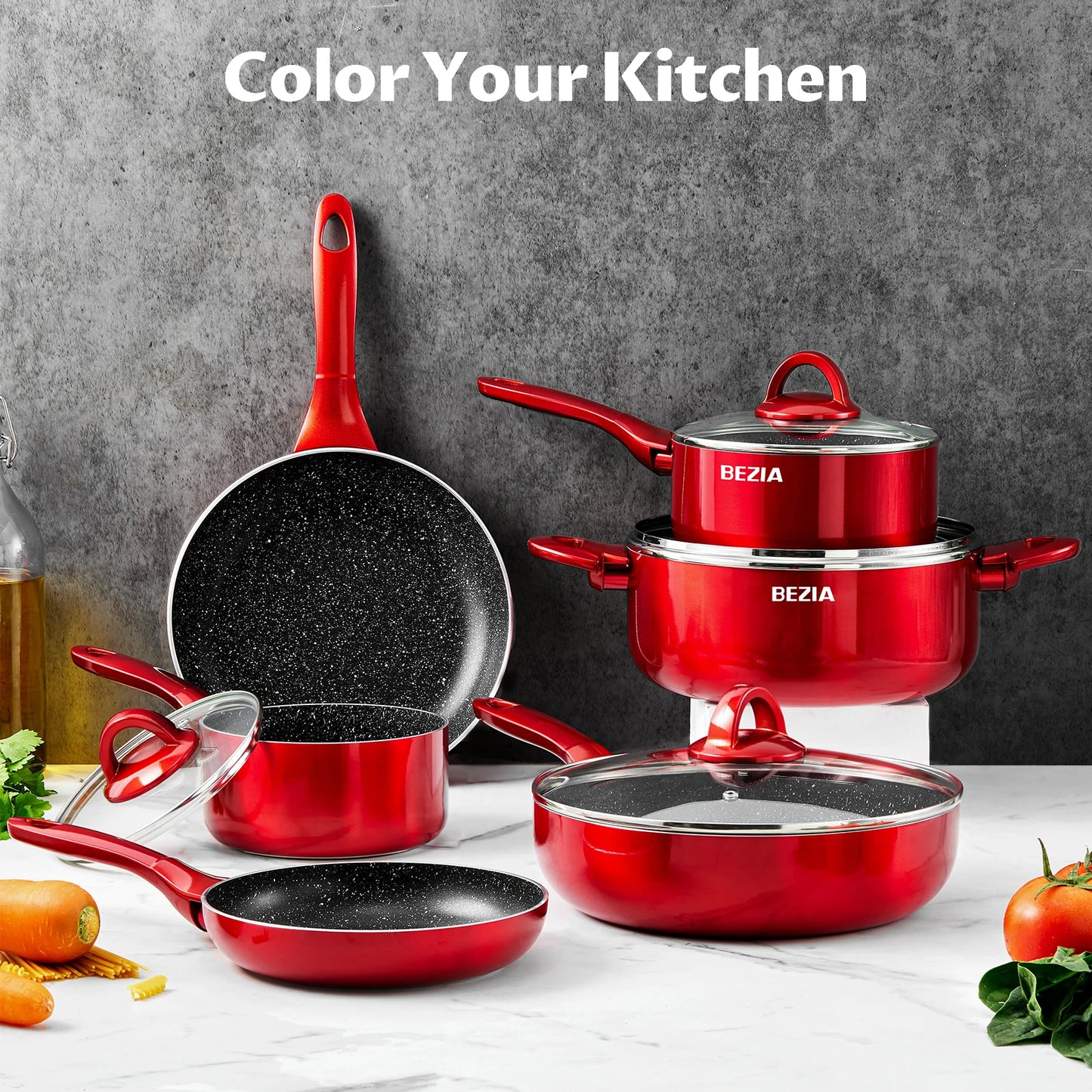 Induction Cookware Pots and Pans Set 10 Piece, BEZIA Dishwasher Safe Nonstick Cooking Pans