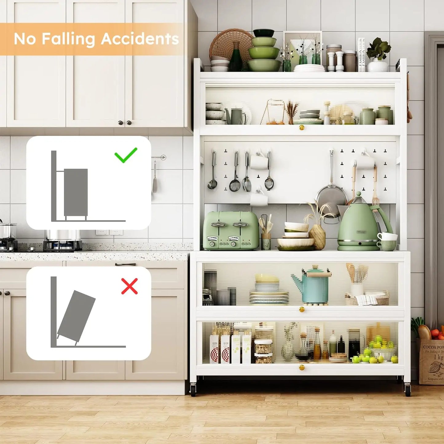 " Metal Kitchen Storage Cabinets with 10 Hooks Microwave Stand with Storagee