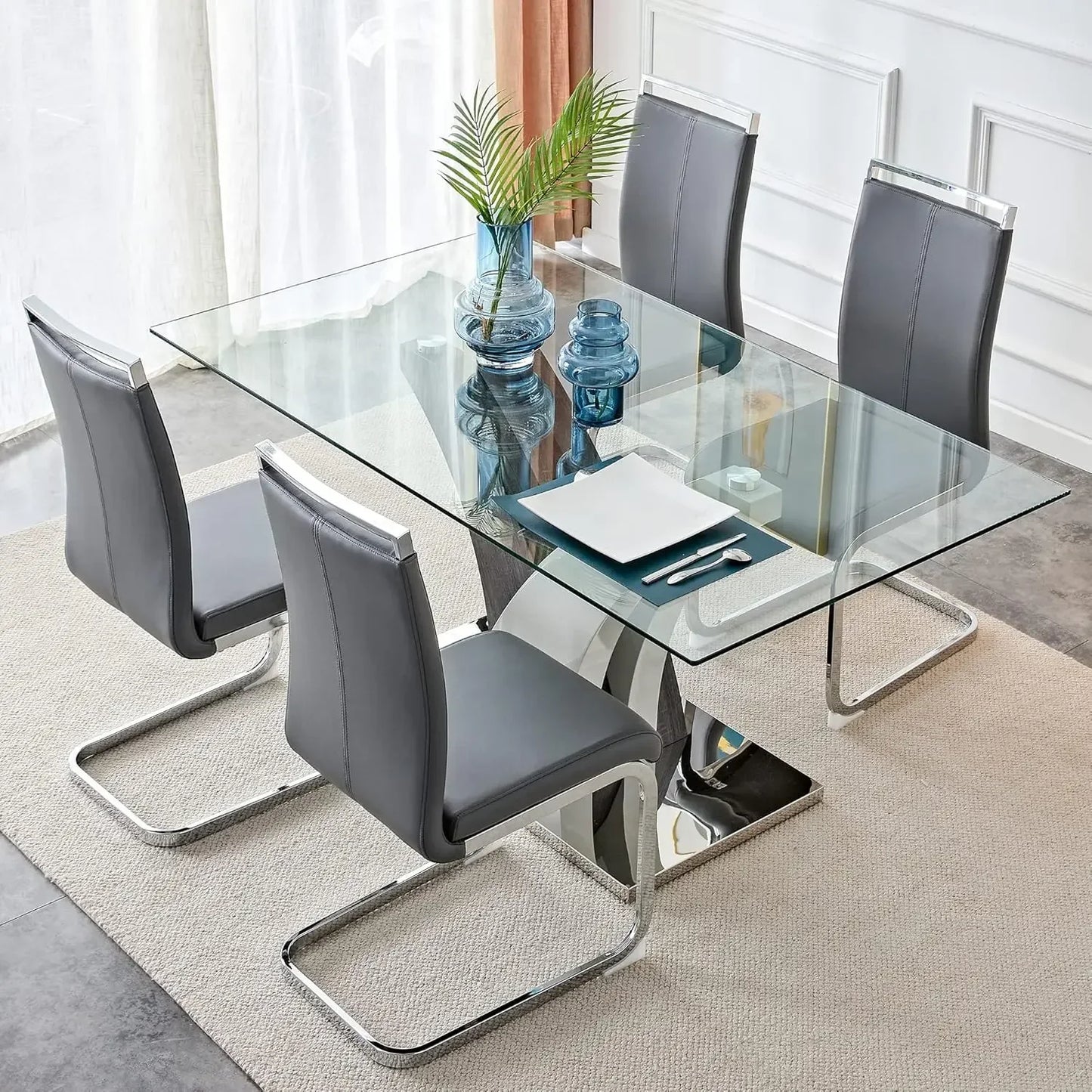 Dining Table and Chairs, 63 Inch, Modern Dining Table with 4 Leather Chairs,