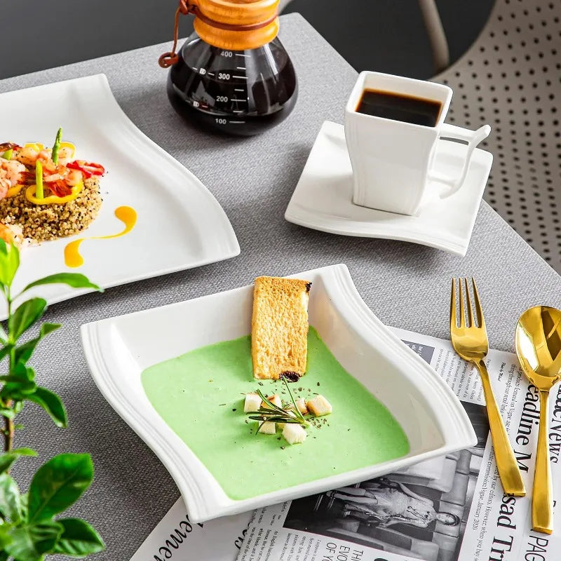 Porcelain Dinnerware Sets, Modern Square Dinner Set Plates and Bowls for Dessert, Salad and Pasta,