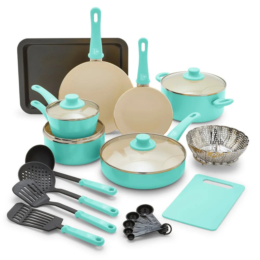 18-Piece Non-Stick Ceramic Cookware Set Toxin-Free Dishwasher Safe Healthy Durable Cookware Set with Glass Lids and Utensils