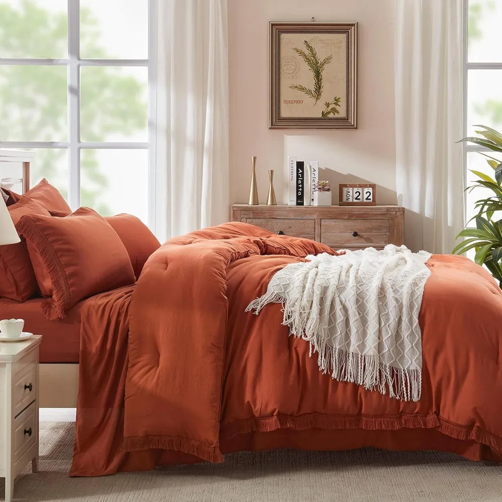 King Size Comforter Set with Sheets Burnt Orange - 7 Pieces Bed in a Bag Boho Soft Lightweight