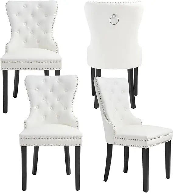 PU Leather Dining Chairs Set of 4, Tufted Upholstered Dining Room Chair with Solid Wood Legs and Pull Ring, Black