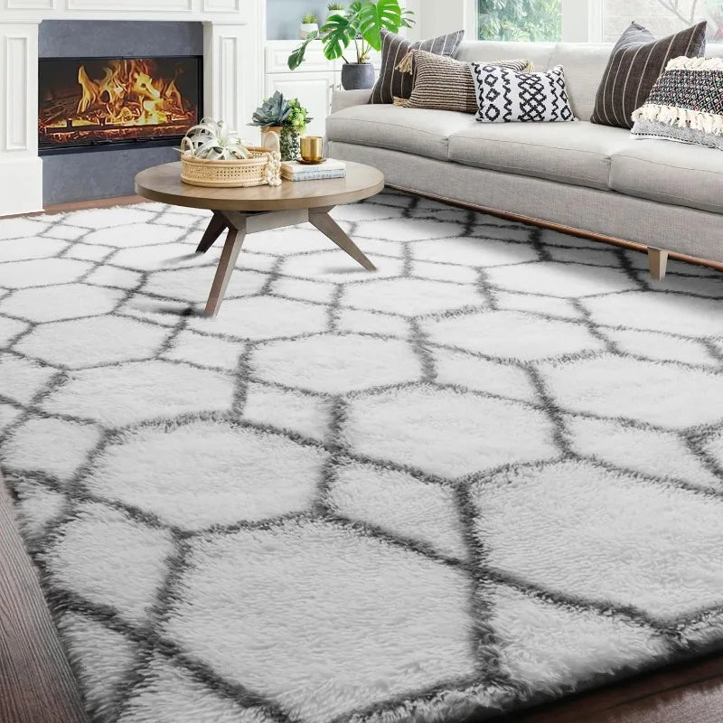 Geometric Area Rug 5x8, Rugs for Living Room Bedroom, Modern Shag Fluffy Floor Rugs for Kids Room Decor, Extra Soft