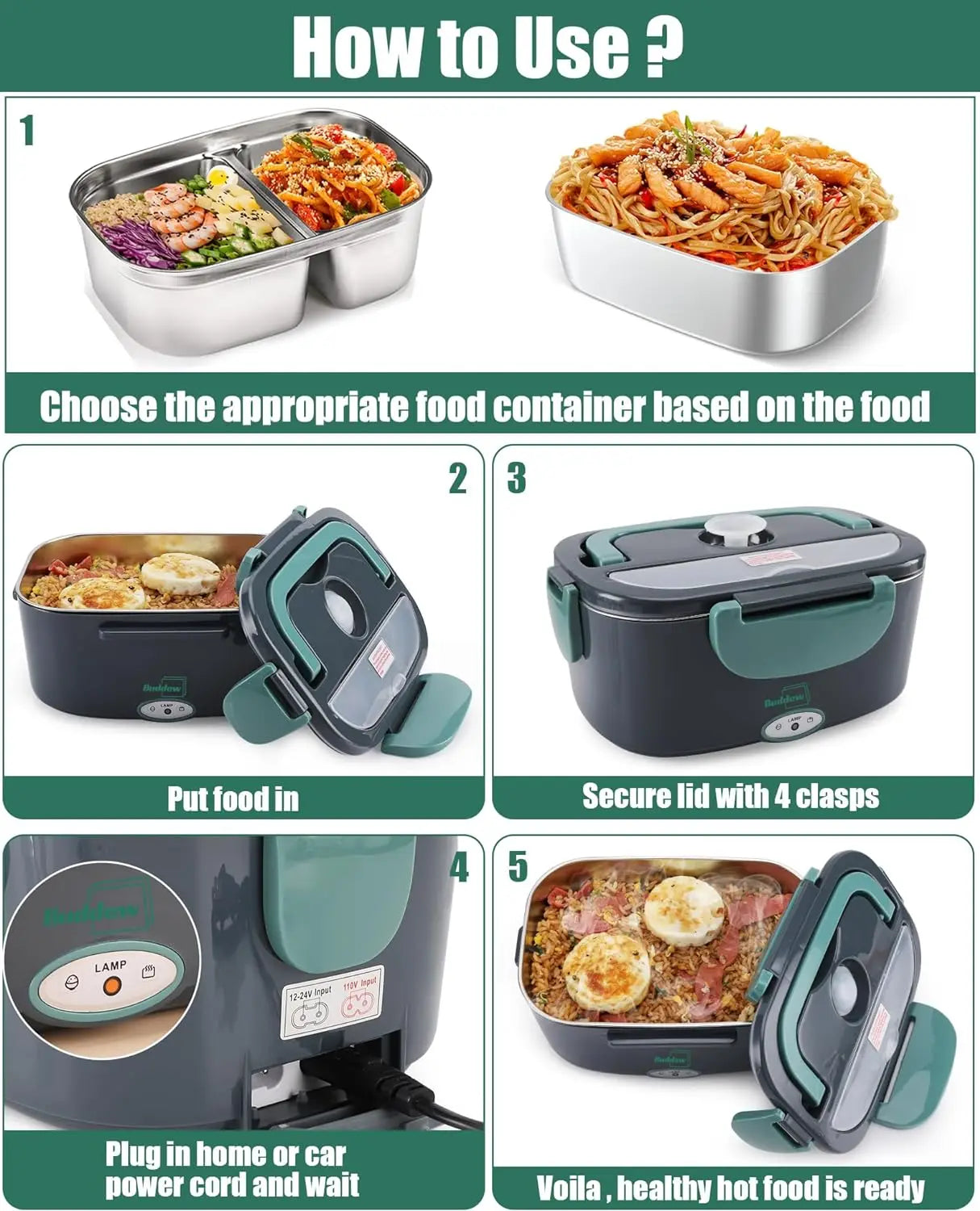 Budded Electric Lunch Box 80W Food Heater for Adults,